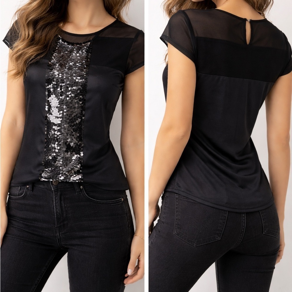 Ann Taylor black short sleeve sequin blouse, size 6